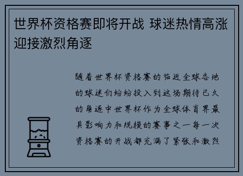 世界杯资格赛即将开战 球迷热情高涨迎接激烈角逐