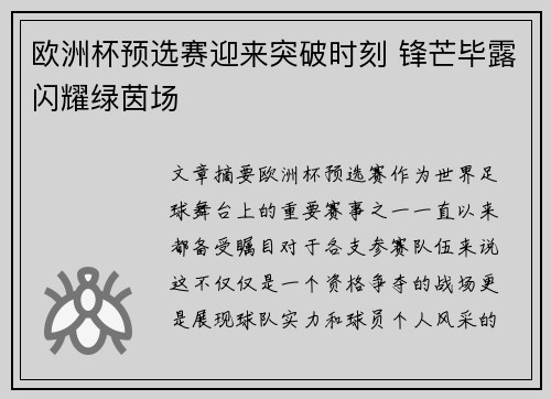 欧洲杯预选赛迎来突破时刻 锋芒毕露闪耀绿茵场