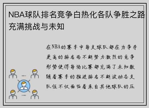 NBA球队排名竞争白热化各队争胜之路充满挑战与未知