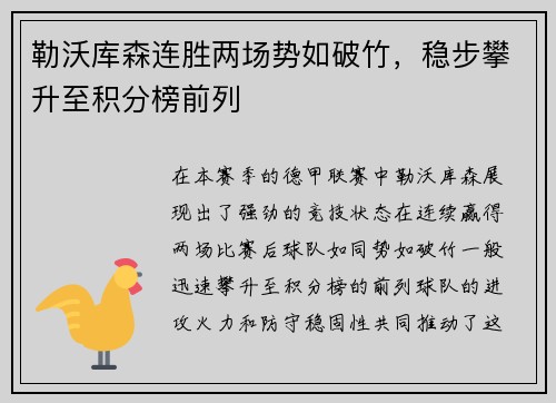勒沃库森连胜两场势如破竹，稳步攀升至积分榜前列