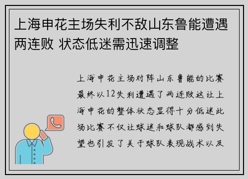 上海申花主场失利不敌山东鲁能遭遇两连败 状态低迷需迅速调整